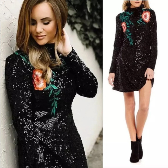 Gianni Bini Tallulah Black Sequin Floral Embroidered Long Sleeve Mini Dress - Picture 1 of 10